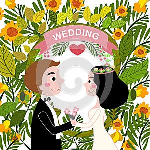 Bride and groom in love hand drawn cartoon vector, holding each other hands and flower bouquet in their wedding in organic botanic