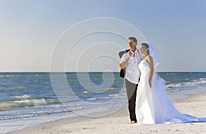 Novia acicalar casado sobre el Playa boda 