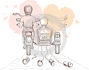 Bride and groom on a motorcycle
