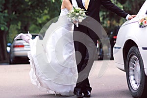 Bride and groom near limousine