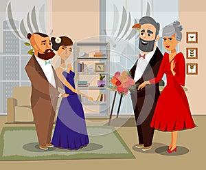 Bride, Groom with Parents Vector Illustration