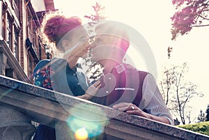 Bride and groom in a park. Kissing couple newlyweds bride and groom at wedding in nature green forest are kissing photo portrait.W