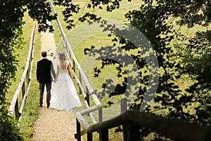 Bride and groom posing in nature