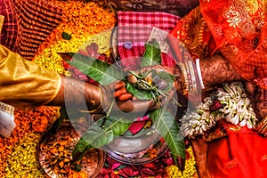 Bride and groom put their hands on each other`s hands to unite their souls...