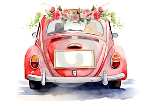 Bride and groom in a red car, just married, watercolor 2