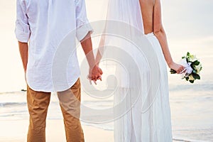 Bride and Groom, Romantic Newly Married Couple Holding Hands, Just Married