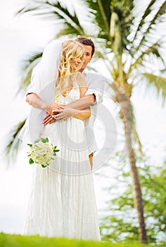 Bride and Groom, Romantic Newly Married Couple Holding Hands, Just Married