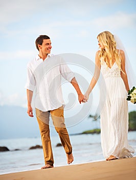 Bride and Groom, Romantic Newly Married Couple Holding Hands Walking on the Beach, Just Married