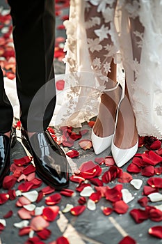 Bride and groom\'s shoes with rose petals on the ground., Generated AI