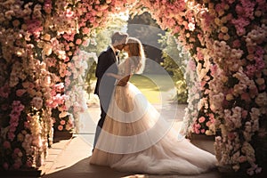 A bride and groom share a tender moment as they kiss in front of a stunning floral archway at their wedding, Newlyweds sharing a