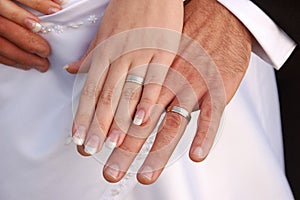 Bride and groom showing their wedding rings