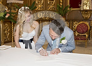 Bride and Groom signing the register in church