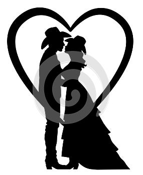 Bride and groom silhouette with heart symbol isolated on white. Vector country wedding groom and bride with cowboy hat and cowboy