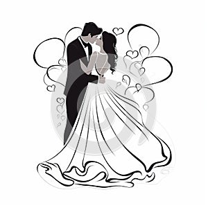 Continuous Line Wedding Illustration With Bride And Groom Kissing