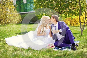 The bride and groom sit on the grass in the park, with glasses i