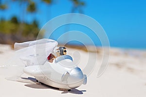 Bride and groom in small wedding plane model on the beach