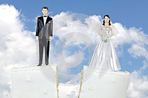 Bride and groom on split cake tier photo