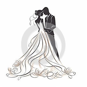 Elegant Continuous Line Wedding Illustration With Bride And Groom Silhouettes