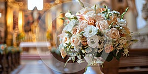 Bride and Groom Standing by Flower Bouquet