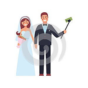 The bride and groom take a selfie. Photo of happy newlyweds. Vector illustration