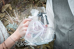 Bride and groom toast with a glass of champagne after a wedding, Germany