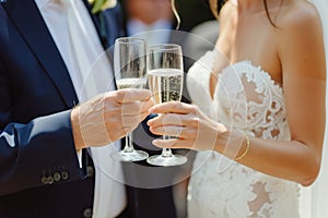 bride and groom toasting with waterproof champagne glasses