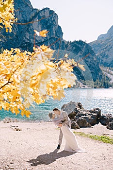 Bride and groom under an autumn tree, with fiery yellow foliage, at the Lago di Braies in Italy. Destination wedding in