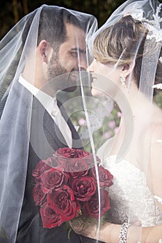 Bride and groom under veil