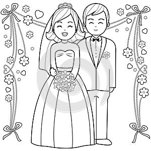 Bride and groom. Vector black and white coloring page.