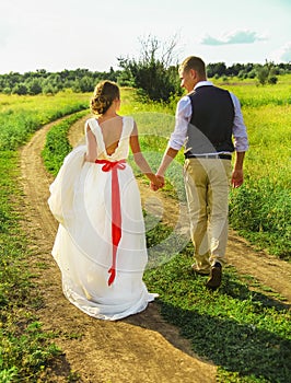 The bride and groom walk along the path. The groom holds the bride`s hand. love road