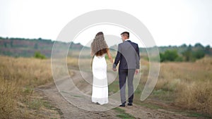 Bride and groom are walking along the path in the field