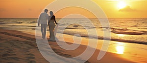 Bride and Groom Walking on Beach at Sunset