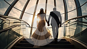 Bride and groom walking up stairs in a modern building, silhouetted against a sunset sky