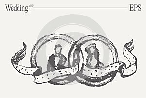 Bride and groom in wedding bands with a ribbon. Conceptual hand drawn vector illustration, sketch.