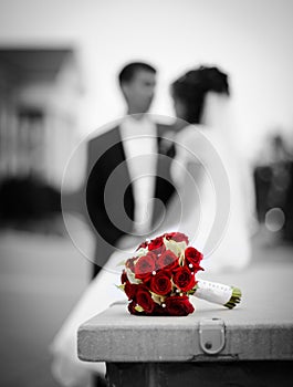 Bride, groom and wedding bouquet
