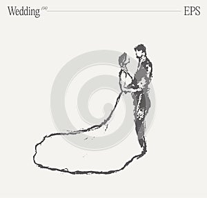 Bride and groom at the wedding ceremony. Hand drawn vector illustration, sketch.