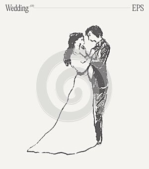 Bride and groom at the wedding ceremony. Hand drawn vector illustration, sketch.