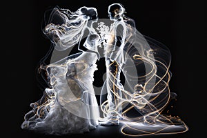 Bride and groom wedding couple in silhouette with glowing lines, illustration, generative AI