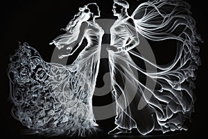 Bride and groom wedding couple in silhouette with glowing lines, illustration, generative AI