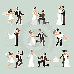 Bride and groom. Wedding couple in various poses jump, dance and kiss, hug and cut cake. Marriage ceremony scenes, man