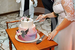 The bride and groom at the wedding cut the wedding cake, the cake is decorated with flowers