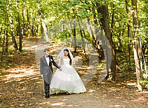 Bride and Groom at wedding Day walking Outdoors
