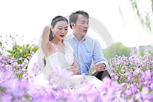 Bride and groom in wedding dress with elegant hairstyle Sitting in Orychophragmus violaceus flower field