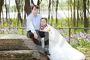 Bride and groom in wedding dress with elegant hairstyle, with white wedding dress Sitting on a rock