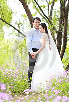 Bride and groom in wedding dress with elegant hairstyle, with white wedding dress Standingin the grass by the river