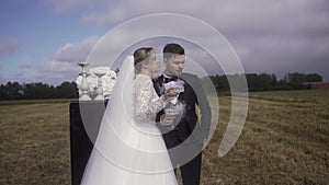 Bride and groom in wedding dress toast in field under cloudy sky