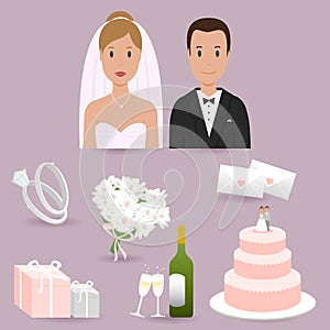 Bride, groom and wedding illustration collection. Vector illustration