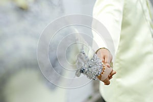 Bride and groom after wedding hold hand together