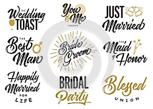 Bride and Groom Wedding Lettering Phrases Vector Set