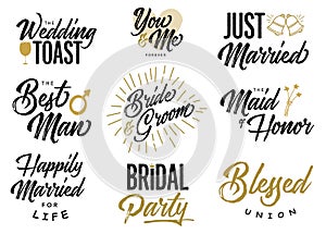 Bride and Groom Wedding Lettering Phrases Vector Set photo